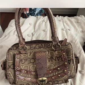 D&G Brown Satchel with Monogram Pattern and Decorative Studs